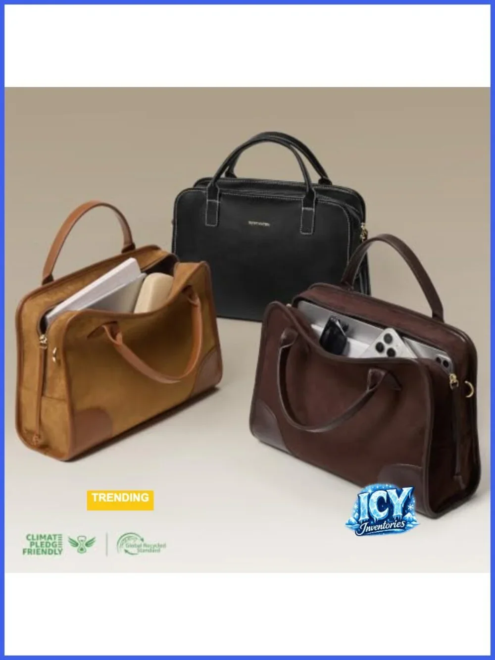 Women's Vintage Square Structured Satchel Handbag - Suede & Vegan Leather, Top